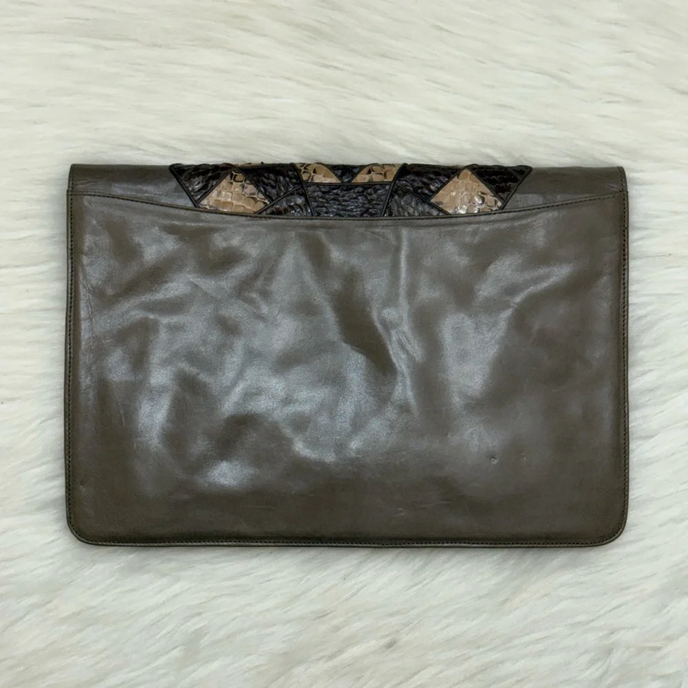ANDREA PFISTER FOR AMEN WARDY - GREY BROWN TAN SNAKE EMBOSSED LEATHER CLUTCH BAG - Picture 5 of 13
